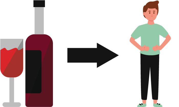 An illustration of alcohol beverages and an arrow pointing towards an individual, illustrating direct-to-consumer alcohol delivery.