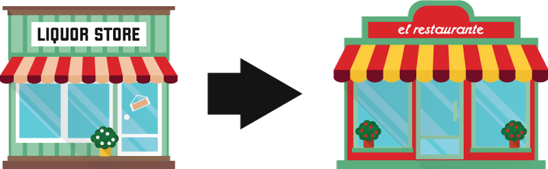 An illustration of a liquor store with an arrow pointing towards a restaurant, illustrating retail-to-retail alcohol delivery.